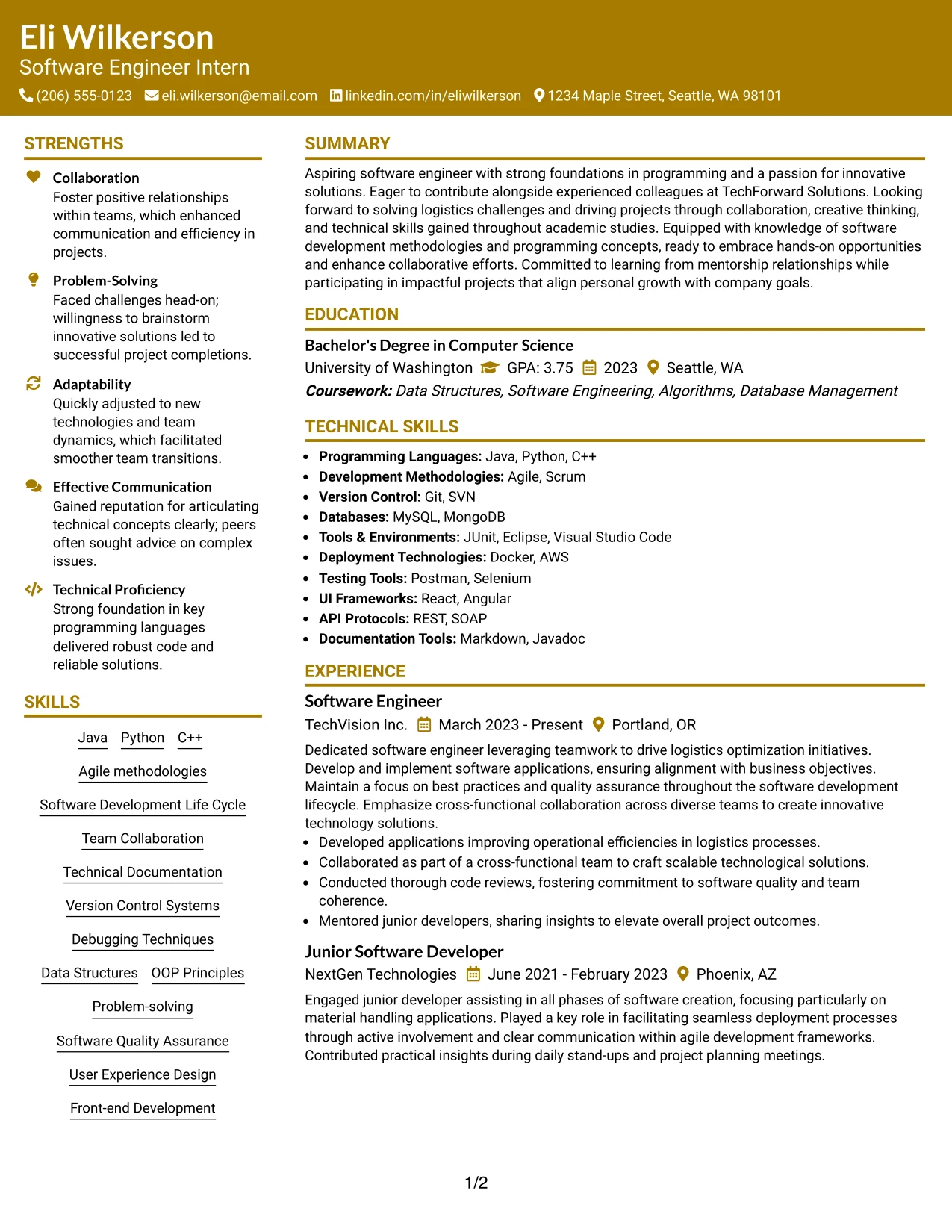Resume Example Page 1