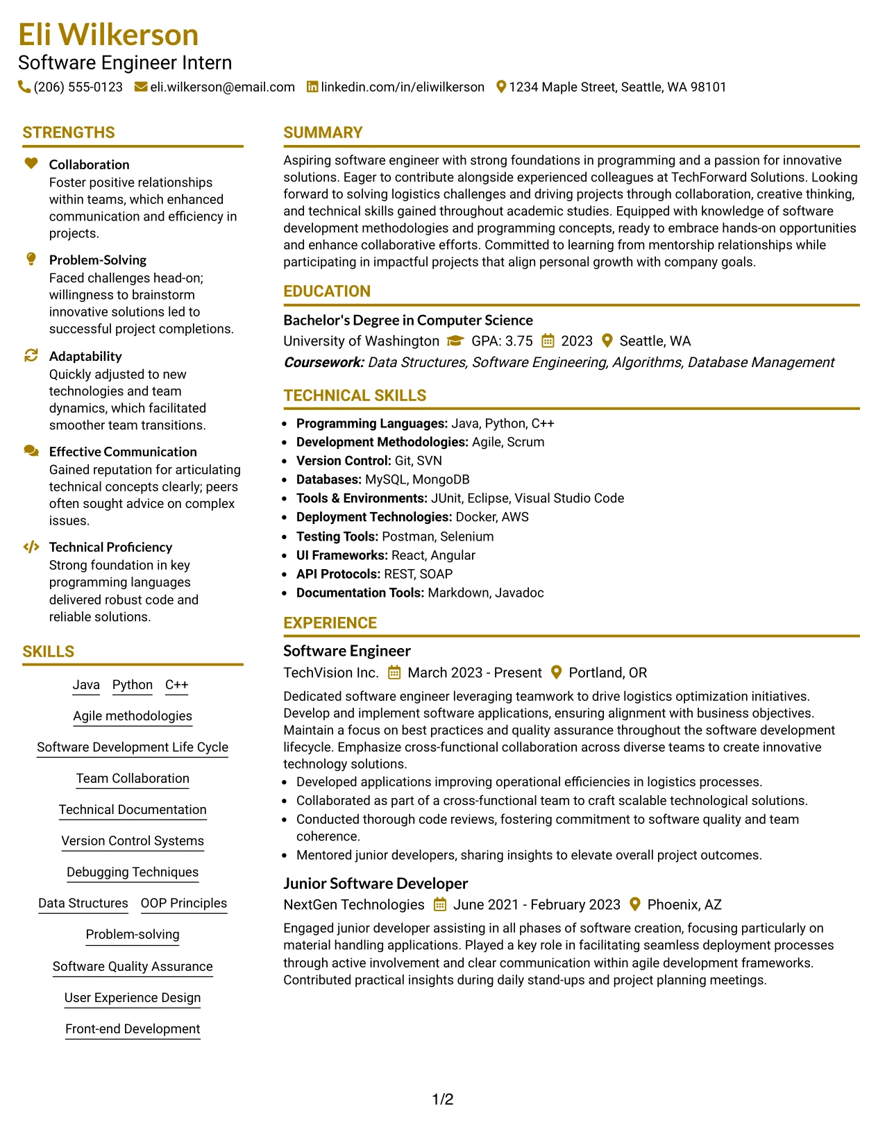 Resume Example Page 1