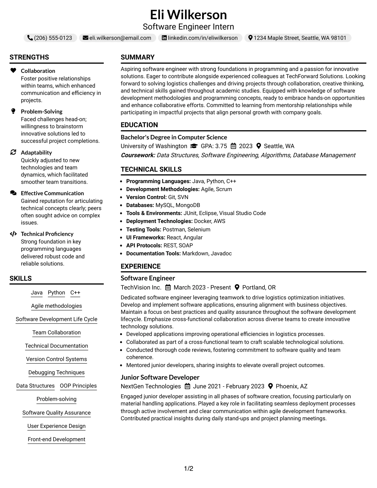 Resume Example Page 1