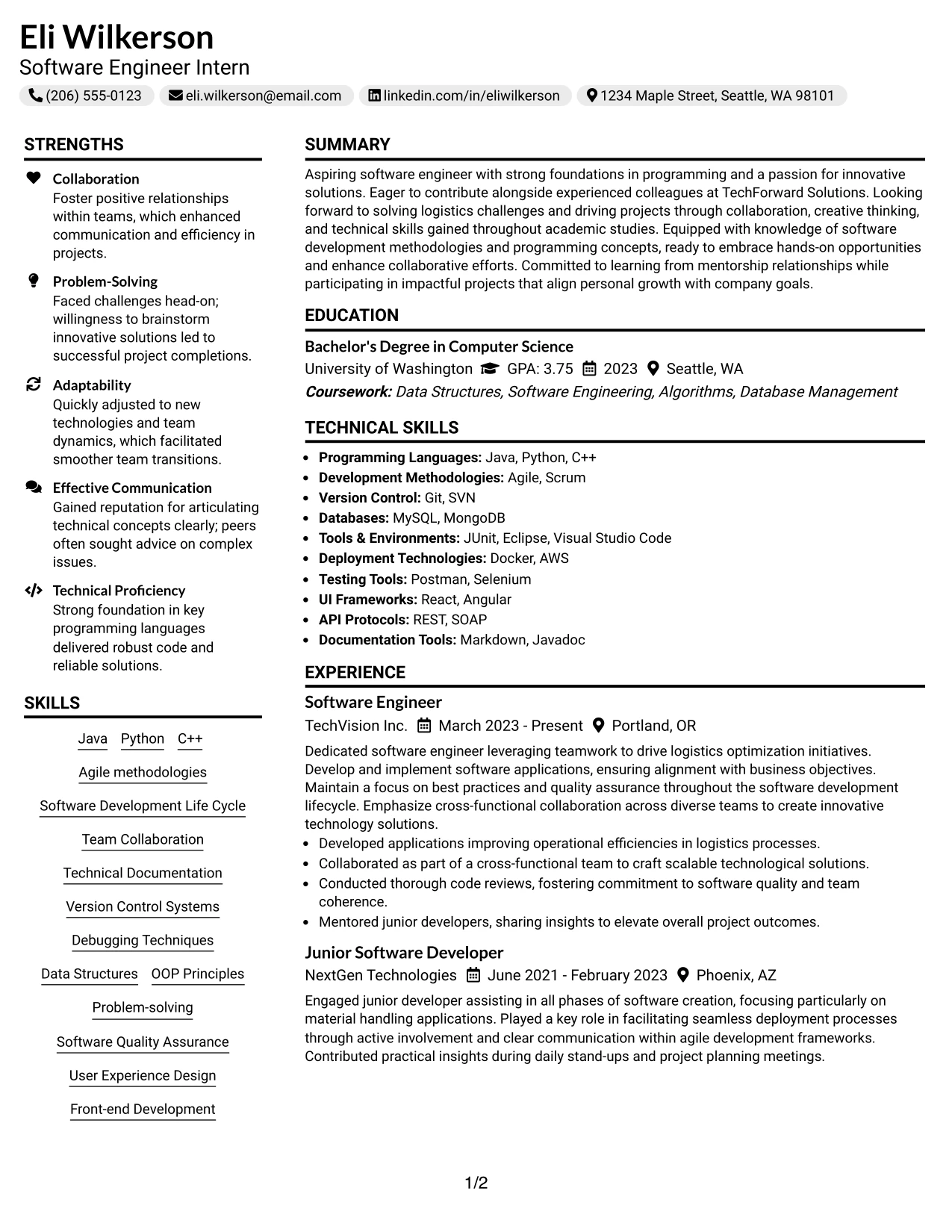 Resume Example Page 1
