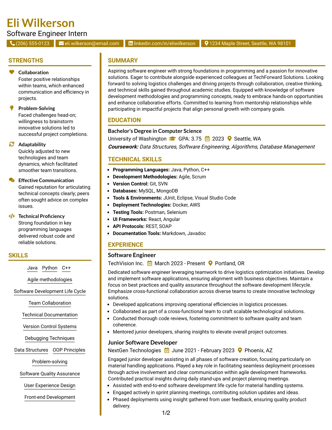 Resume Example Page 1