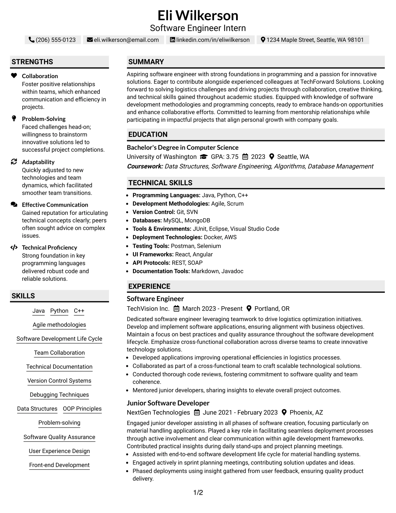 Resume Example Page 1