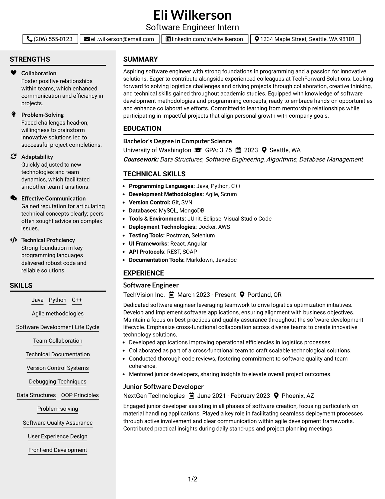 Resume Example Page 1