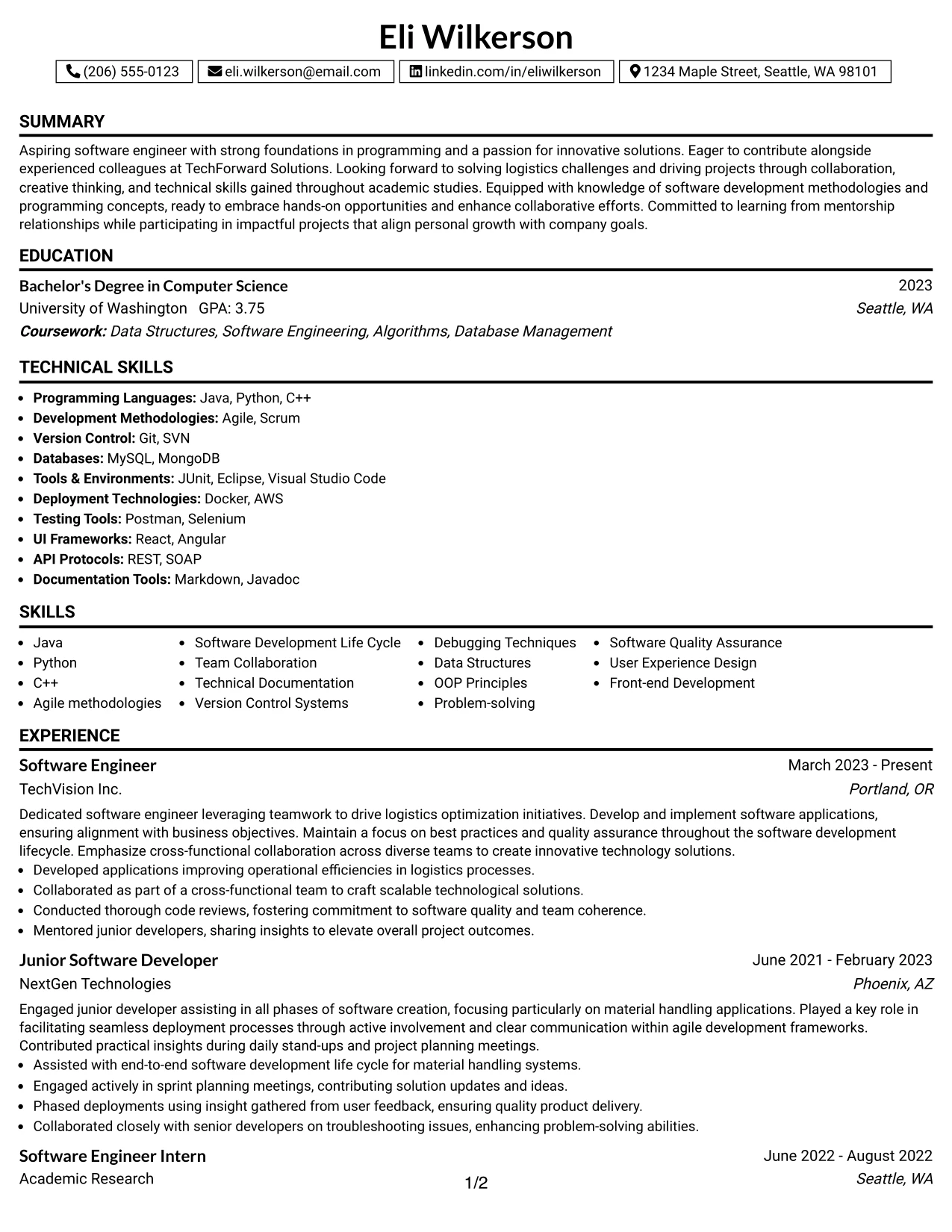 Resume Example Page 1