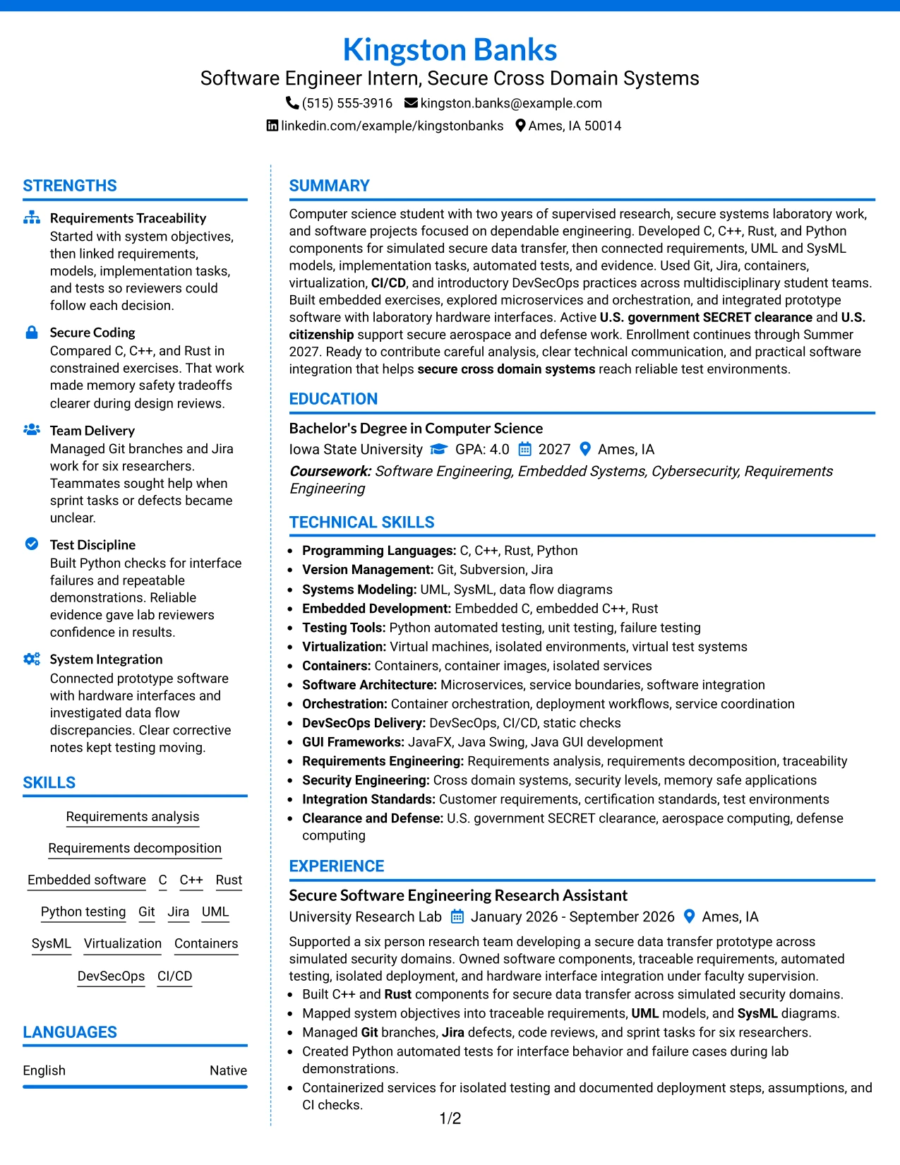 Resume Example Page 1