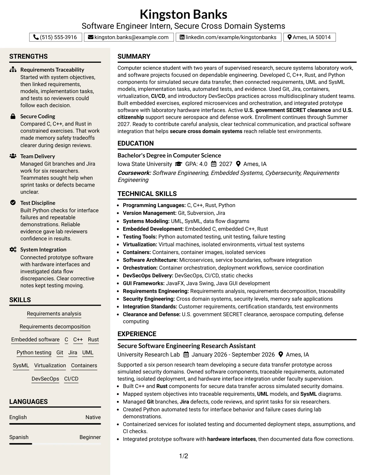 Resume Example Page 1