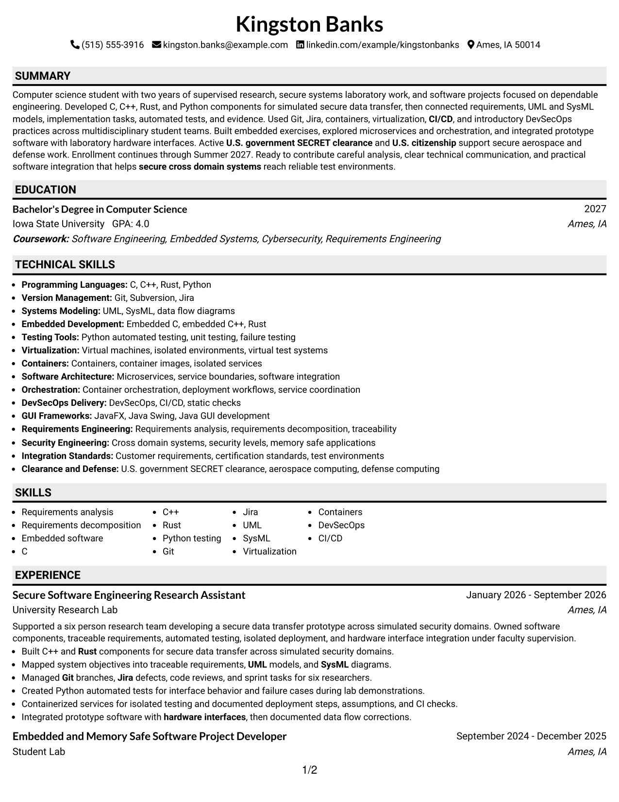 Resume Example Page 1