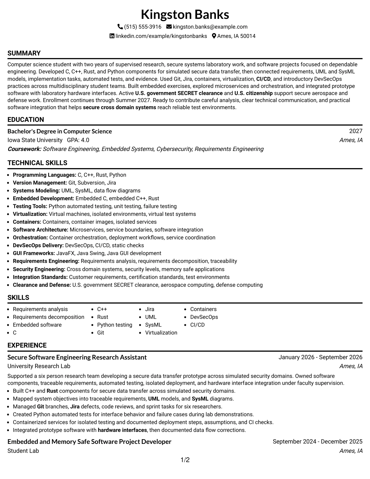Resume Example Page 1