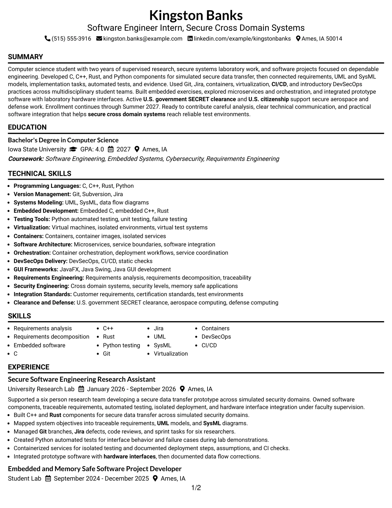 Resume Example Page 1
