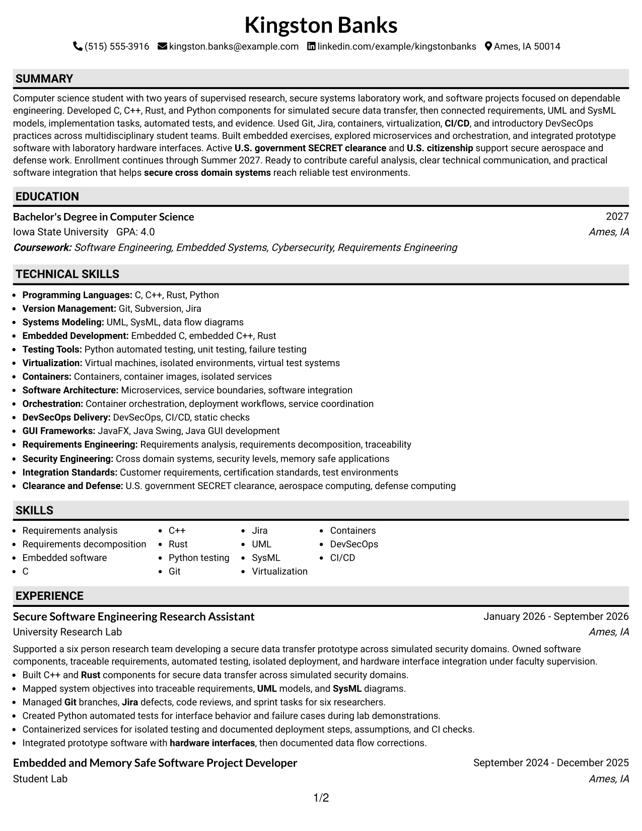 Resume Example Page 1