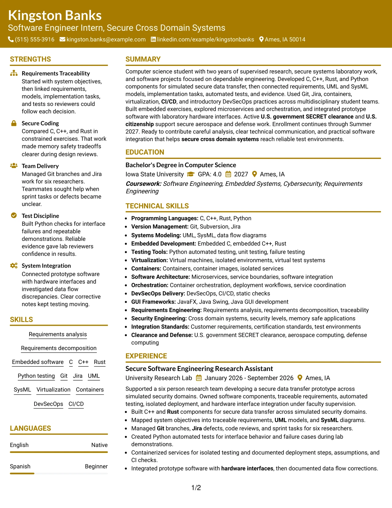 Resume Example Page 1