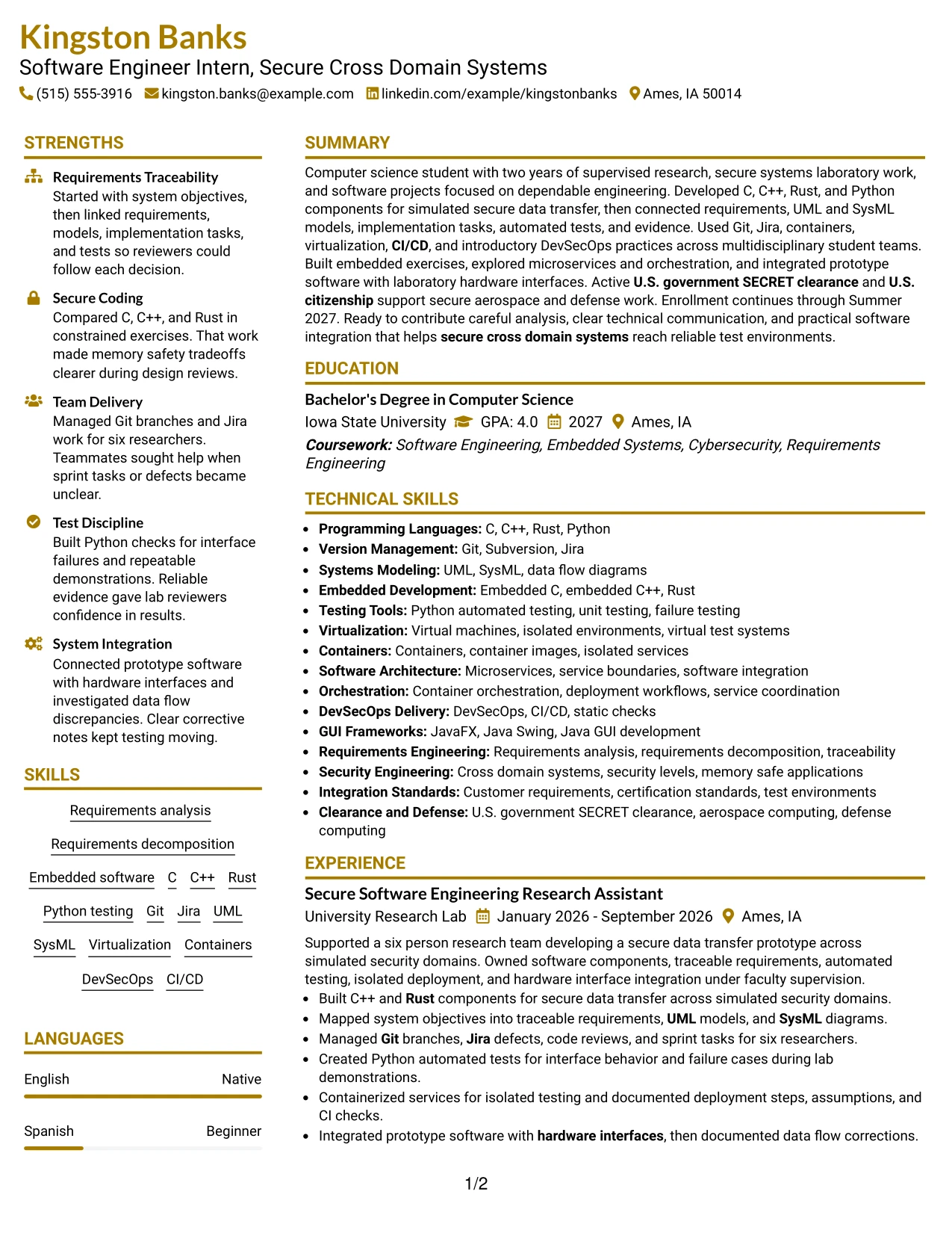 Resume Example Page 1