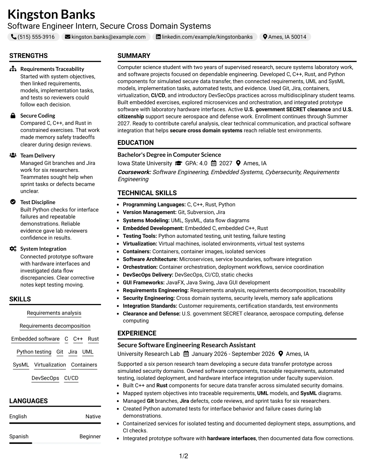 Resume Example Page 1