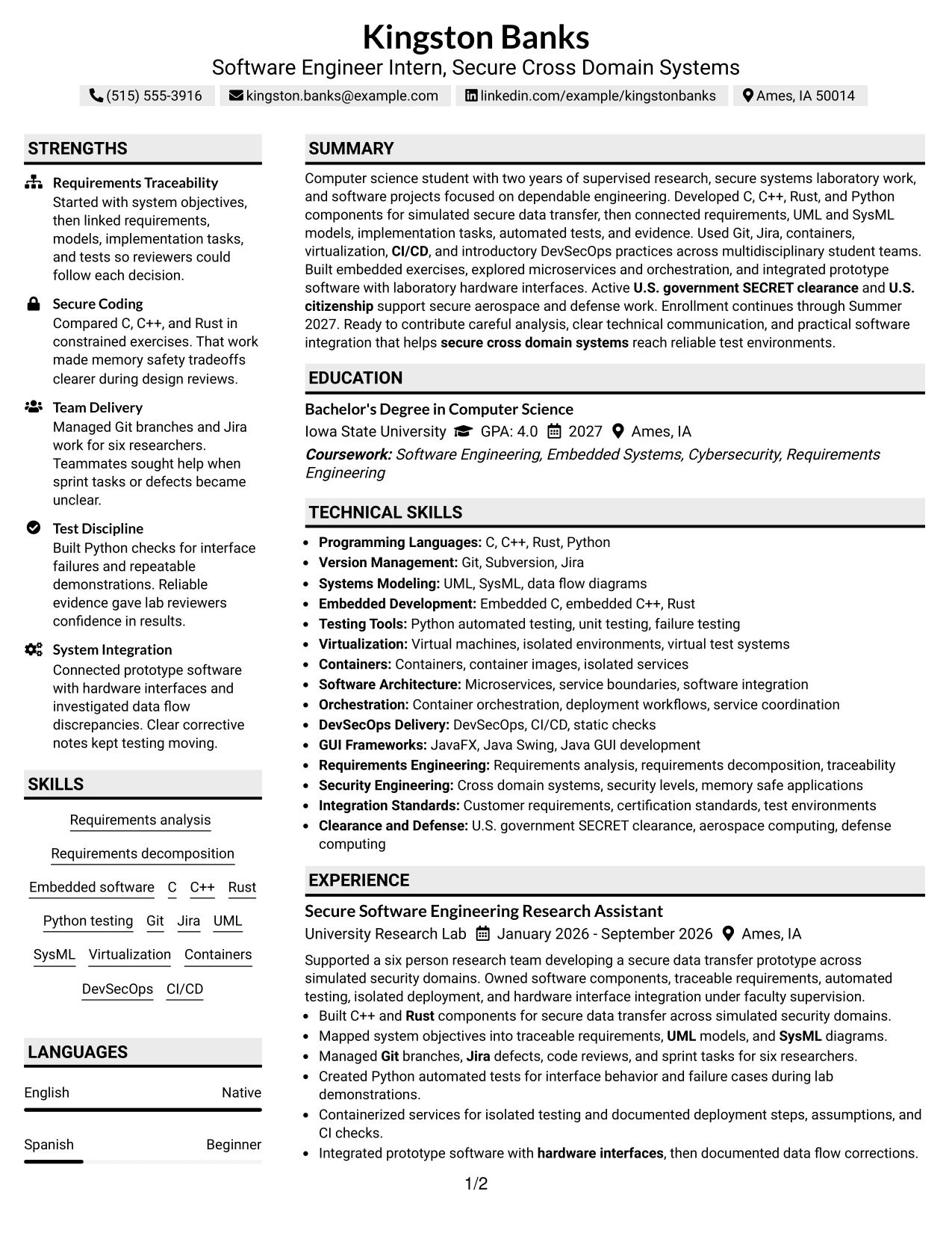 Resume Example Page 1
