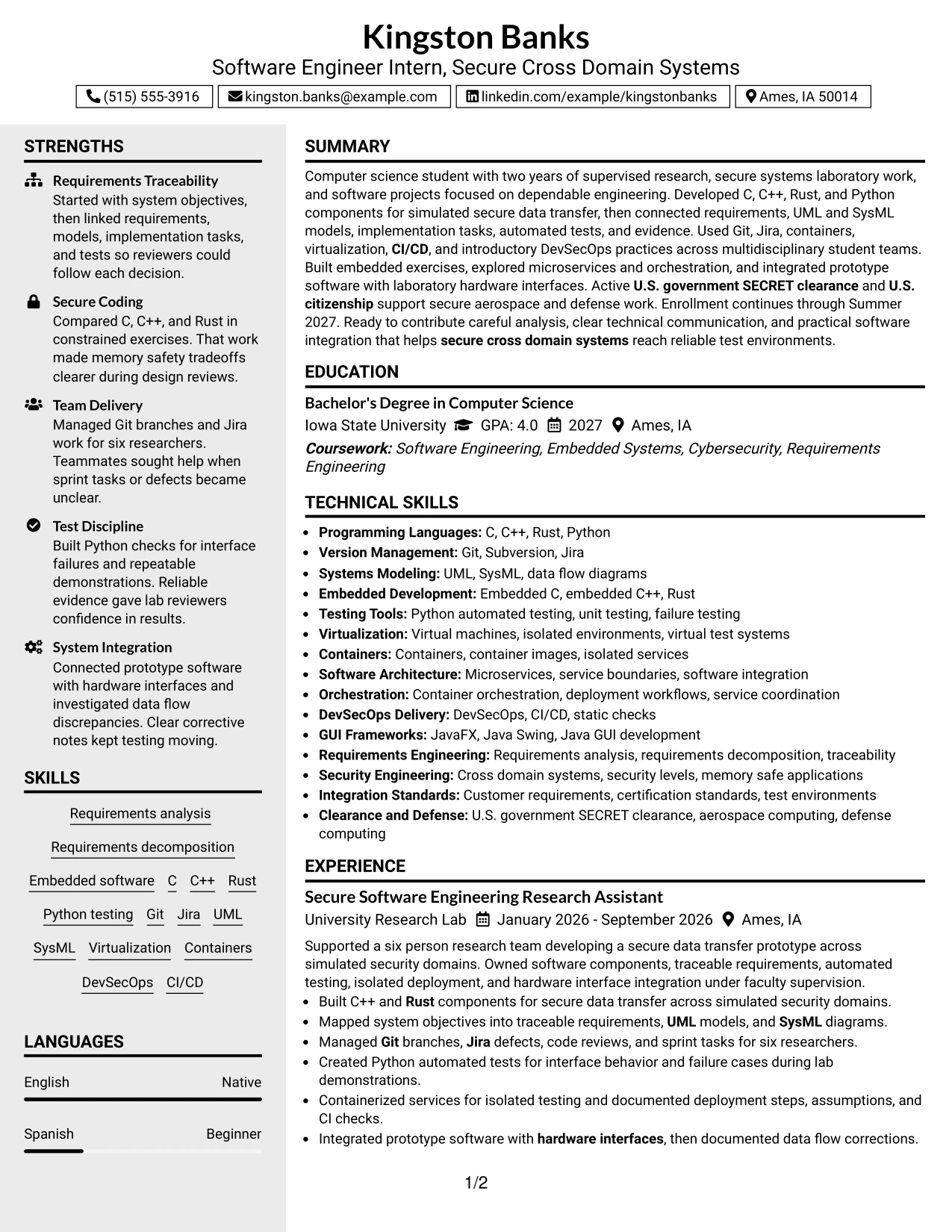 Resume Example Page 1
