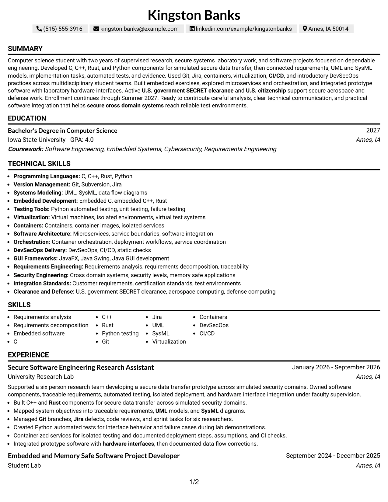Resume Example Page 1