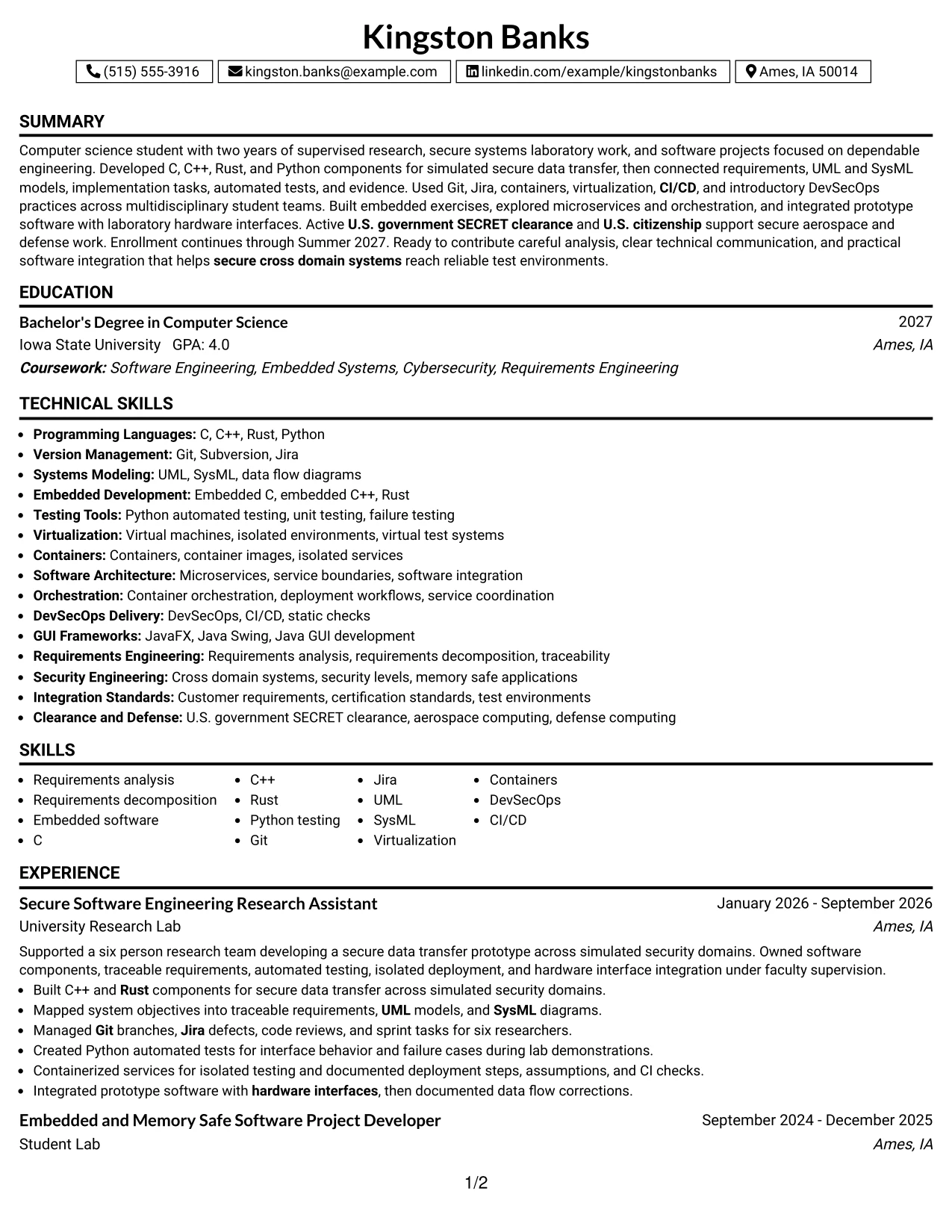 Resume Example Page 1