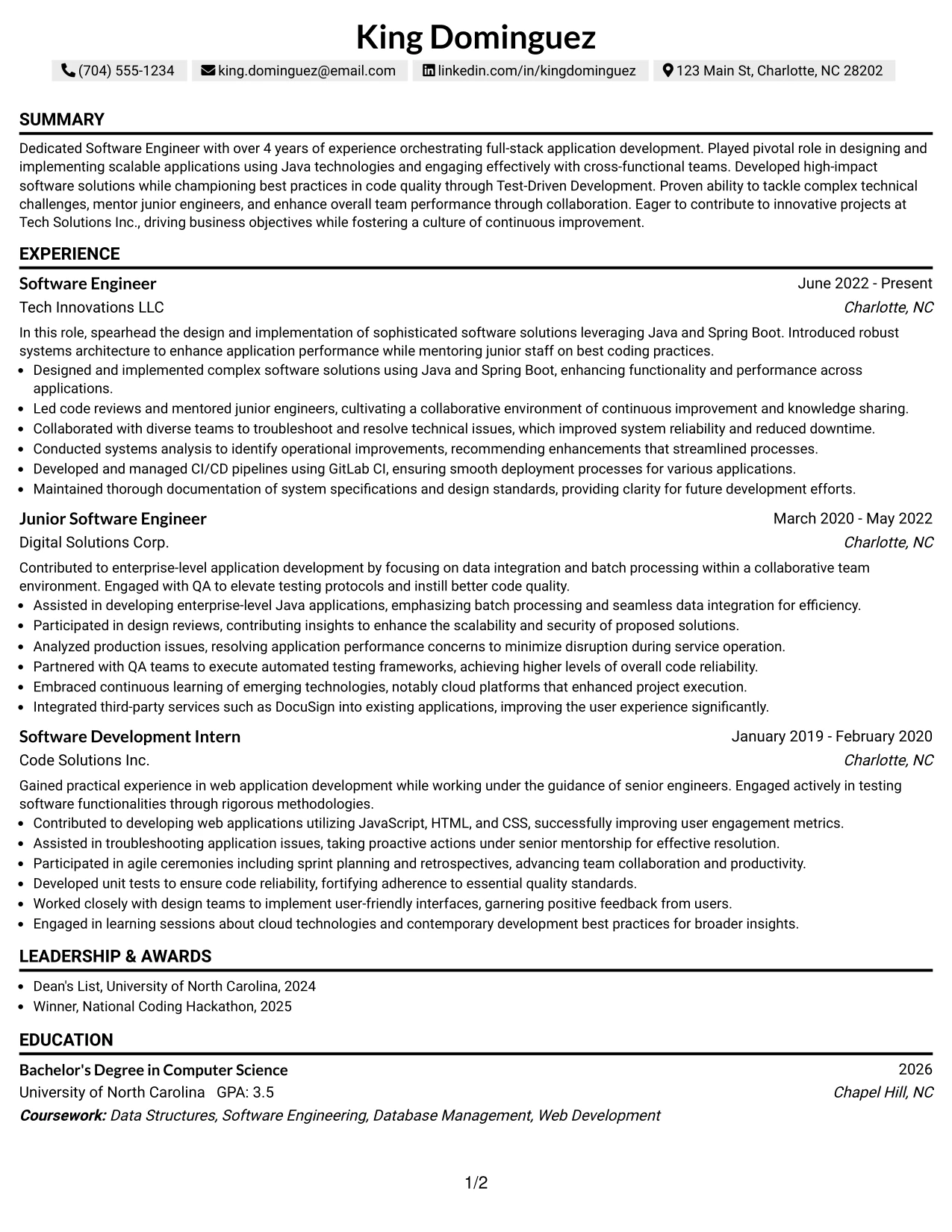 Resume Example Page 1
