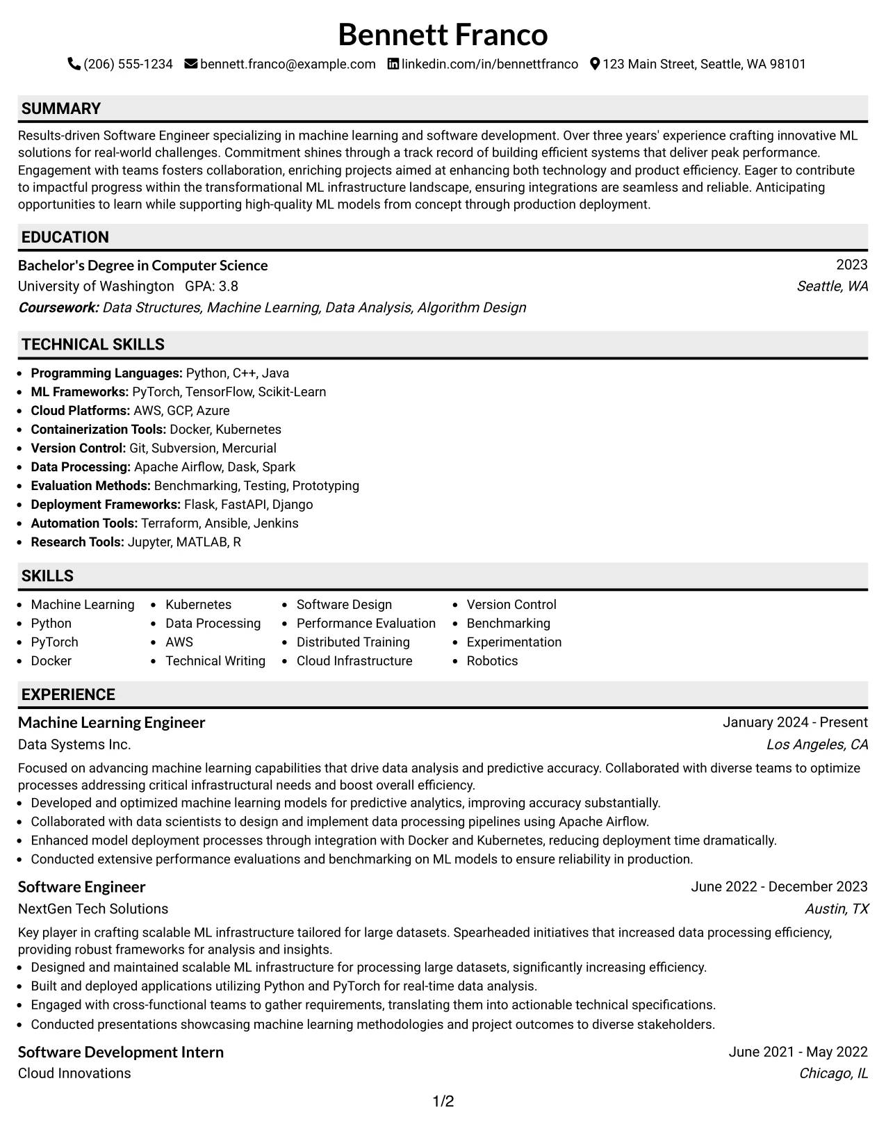 Resume Example Page 1