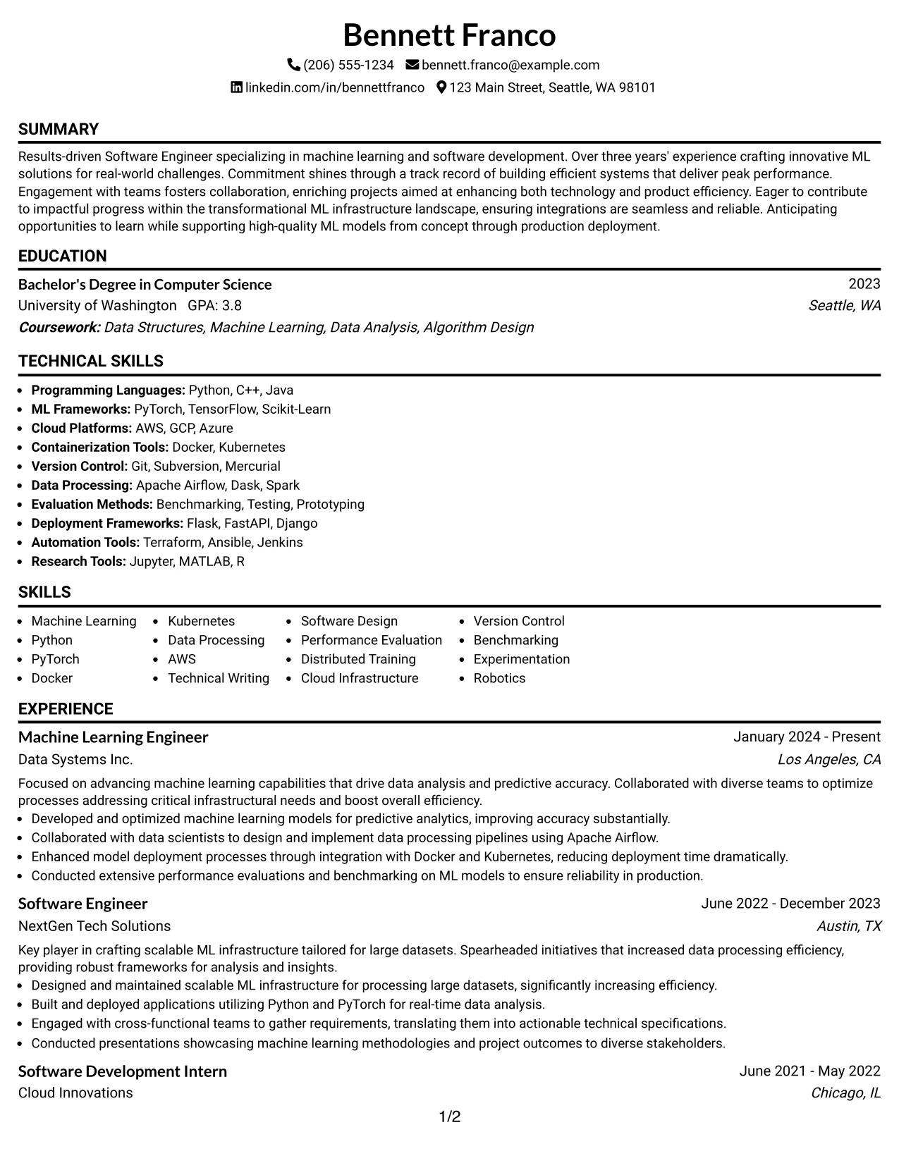 Resume Example Page 1