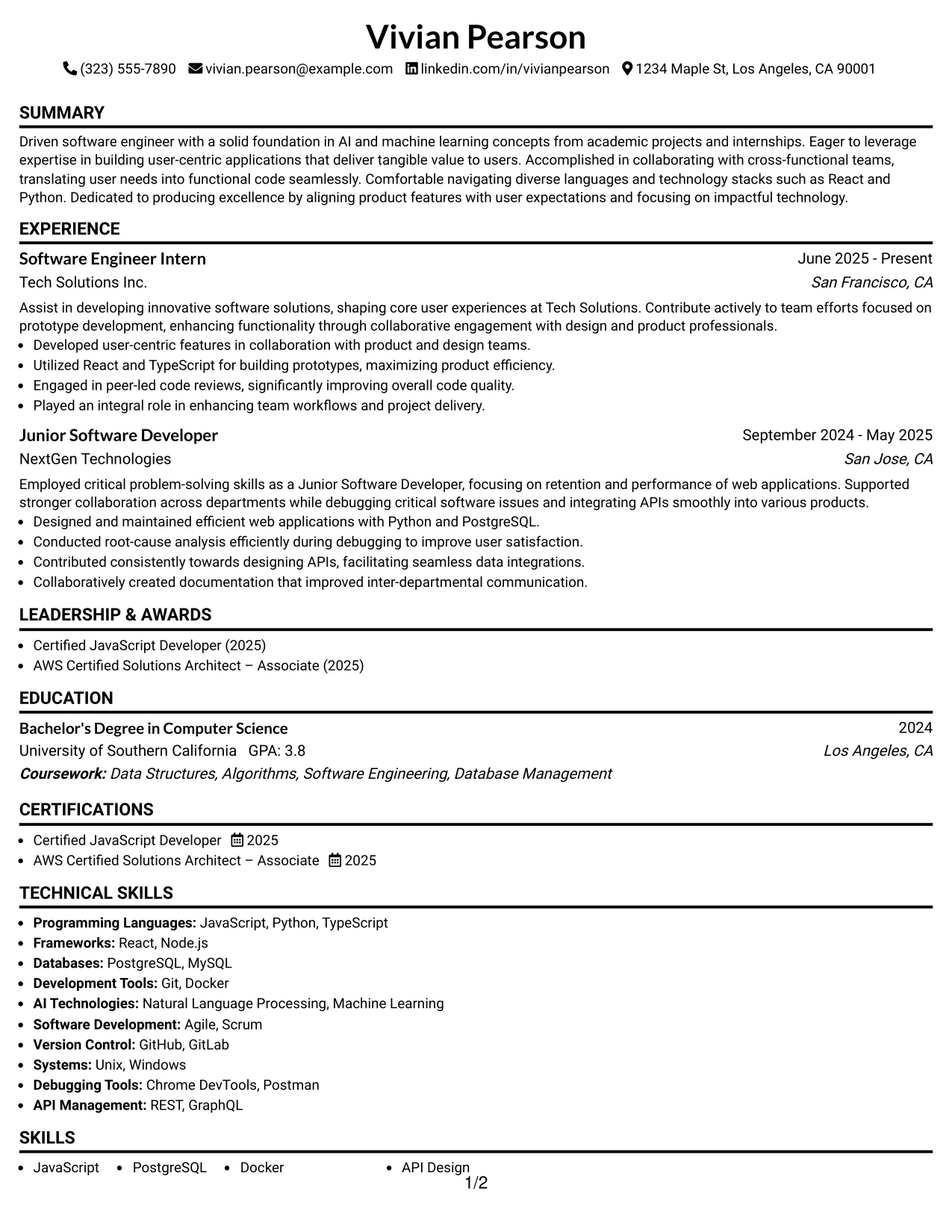Resume Example Page 1