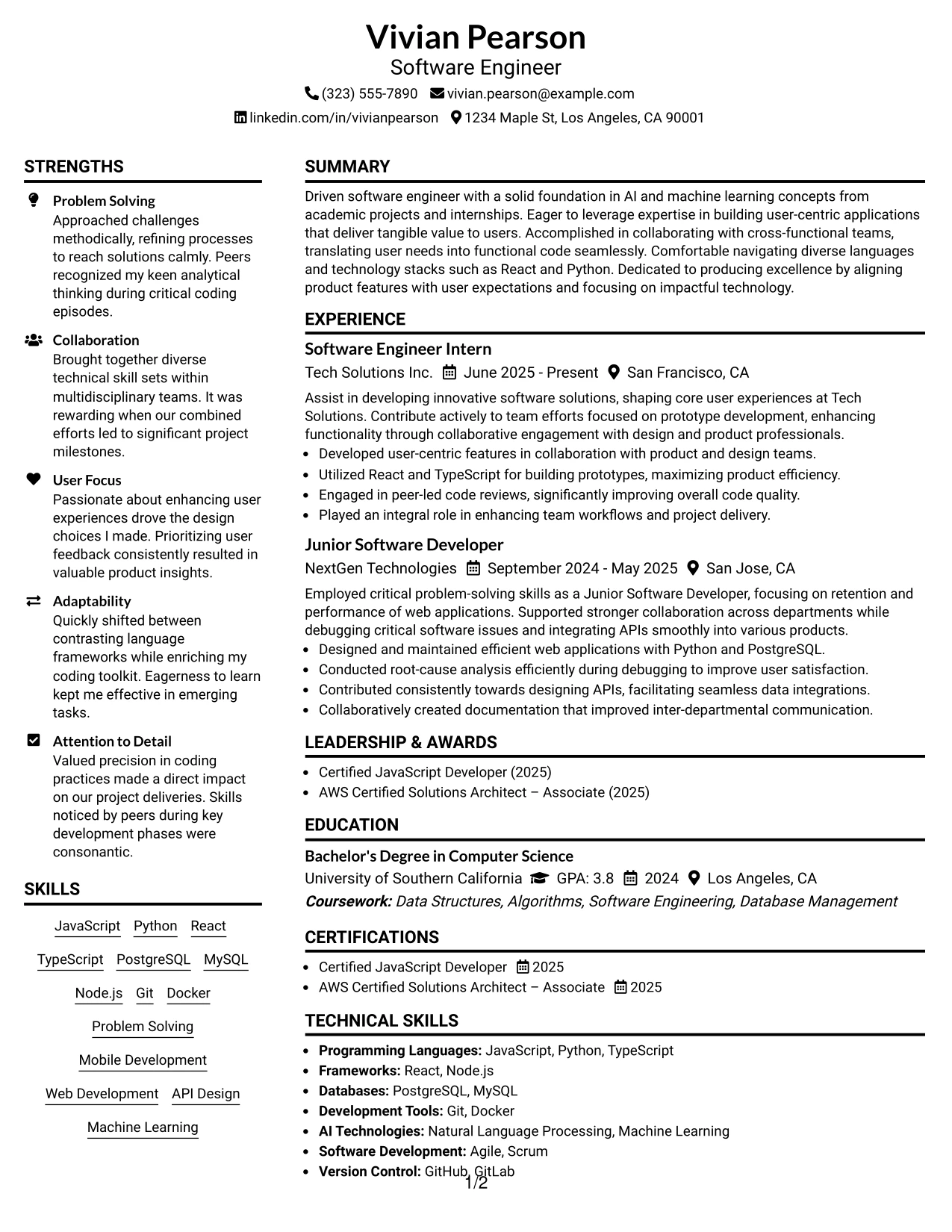 Resume Example Page 1