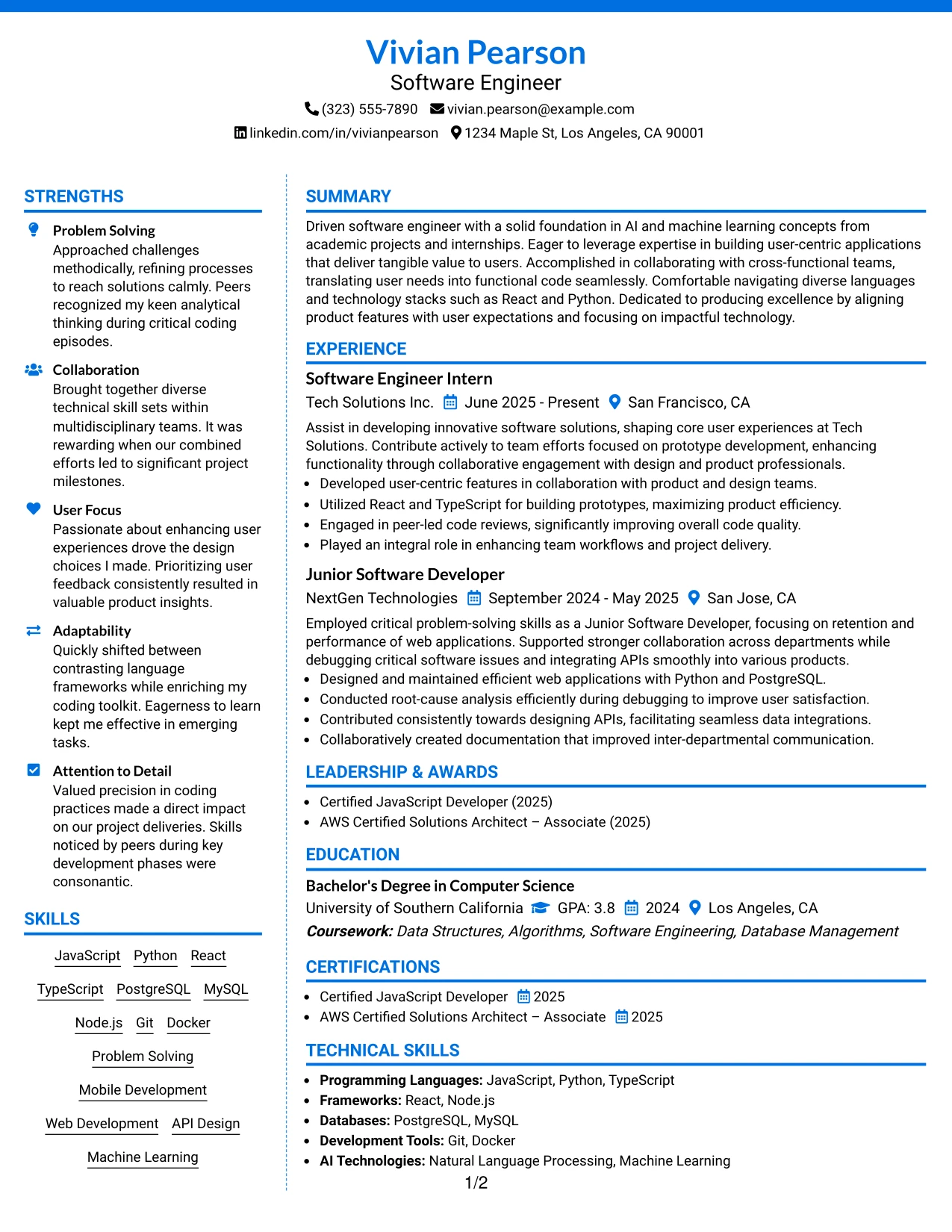 Resume Example Page 1