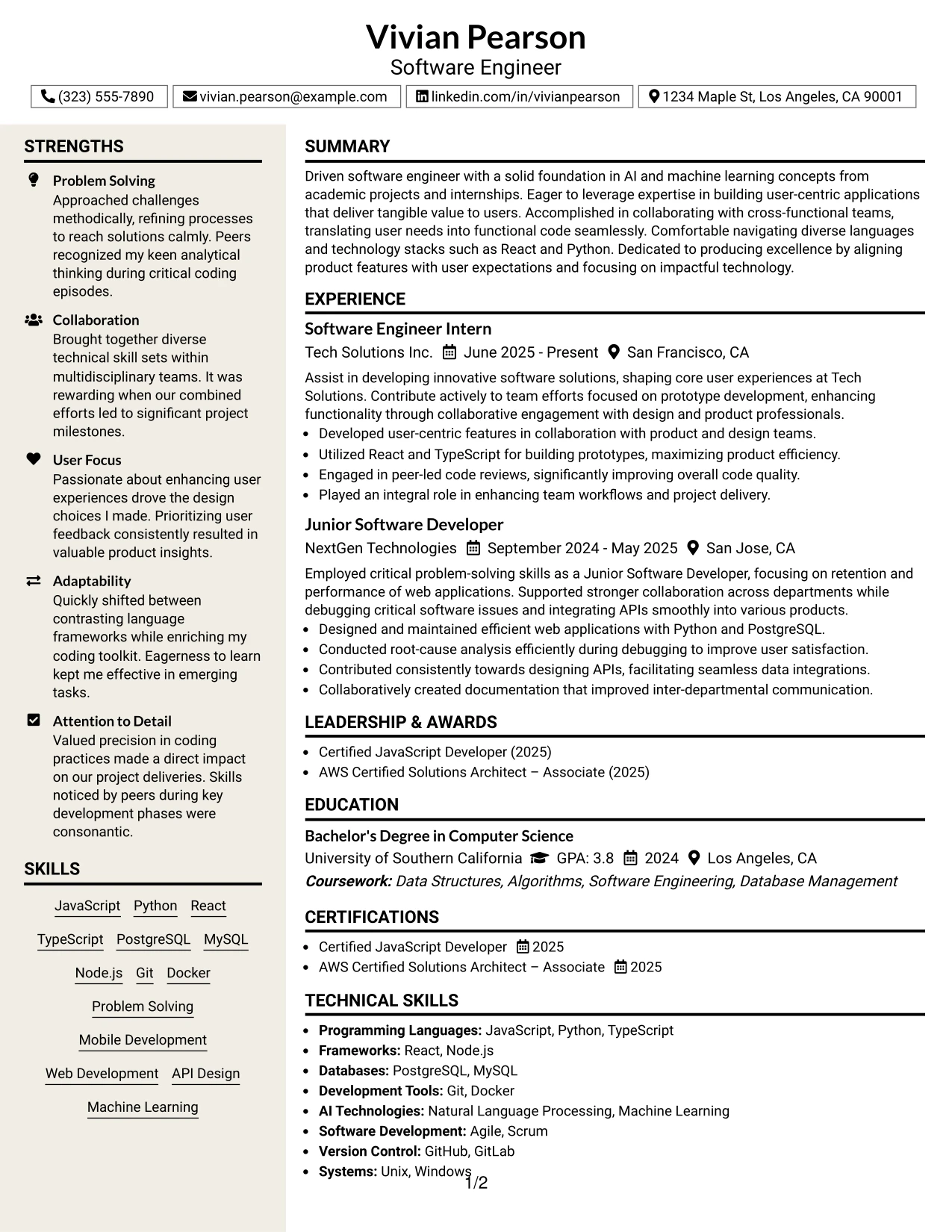Resume Example Page 1