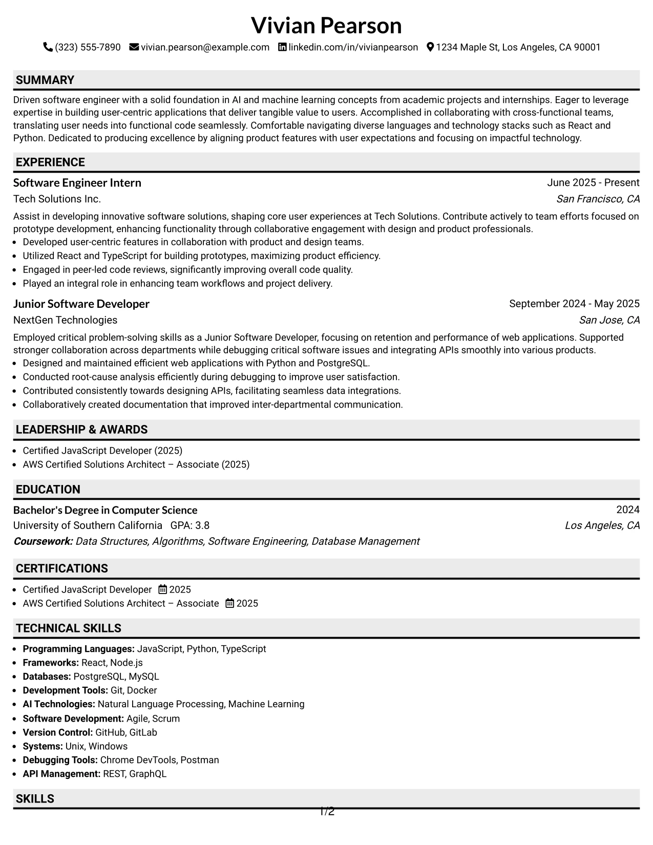 Resume Example Page 1