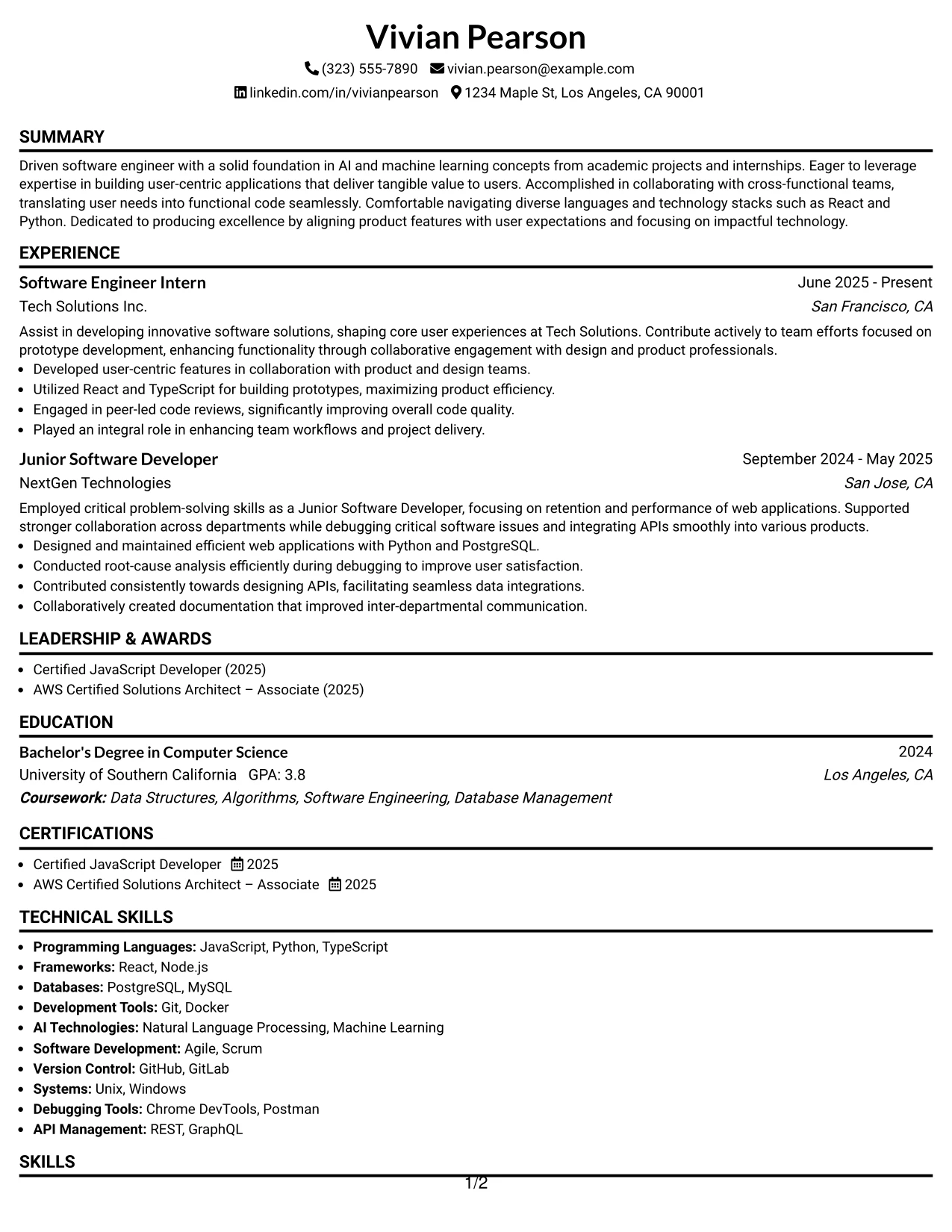 Resume Example Page 1