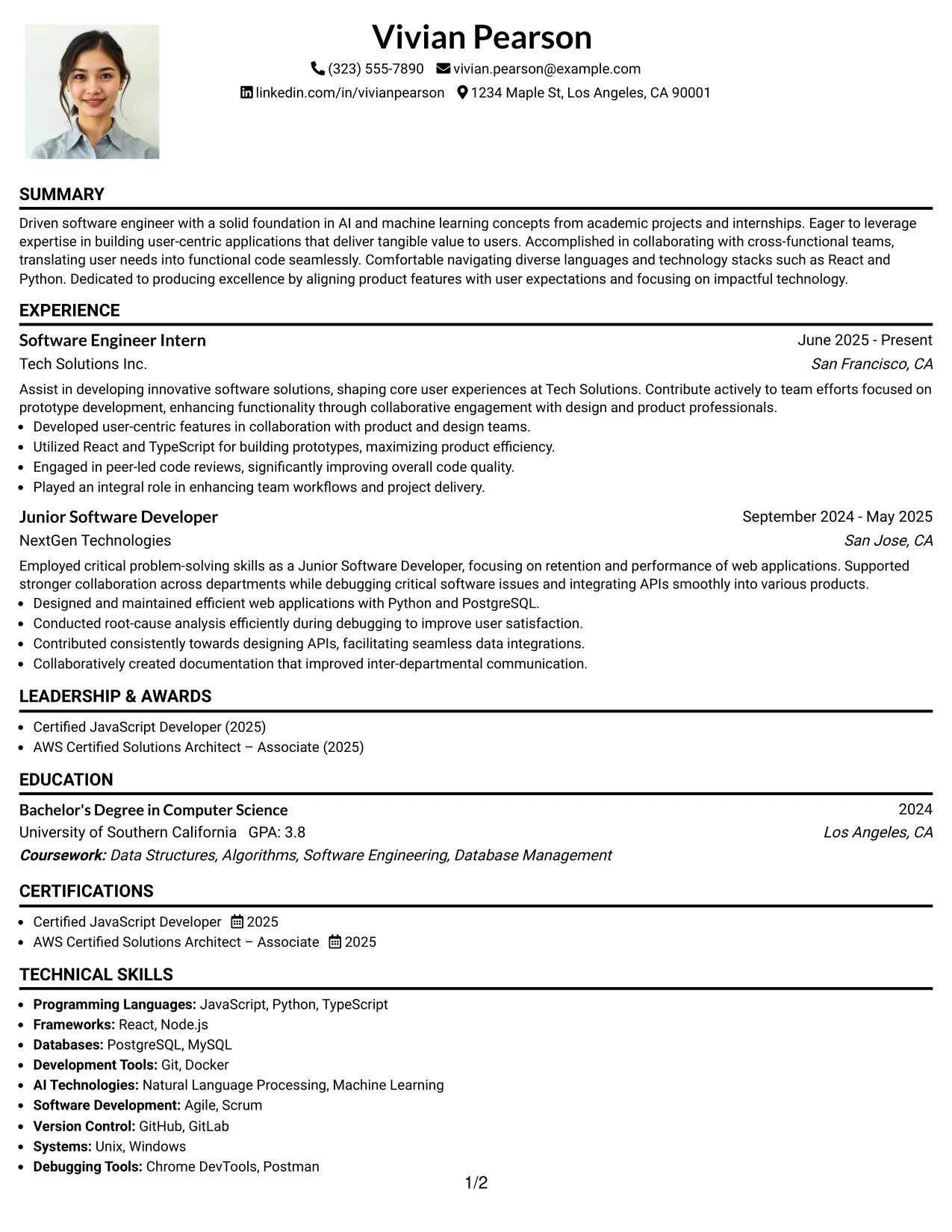 Resume Example Page 1