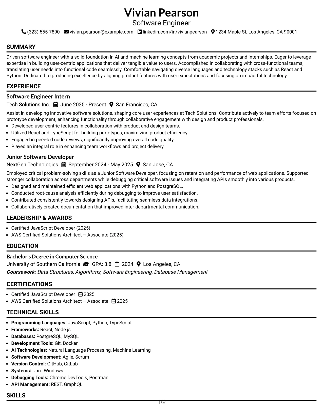 Resume Example Page 1