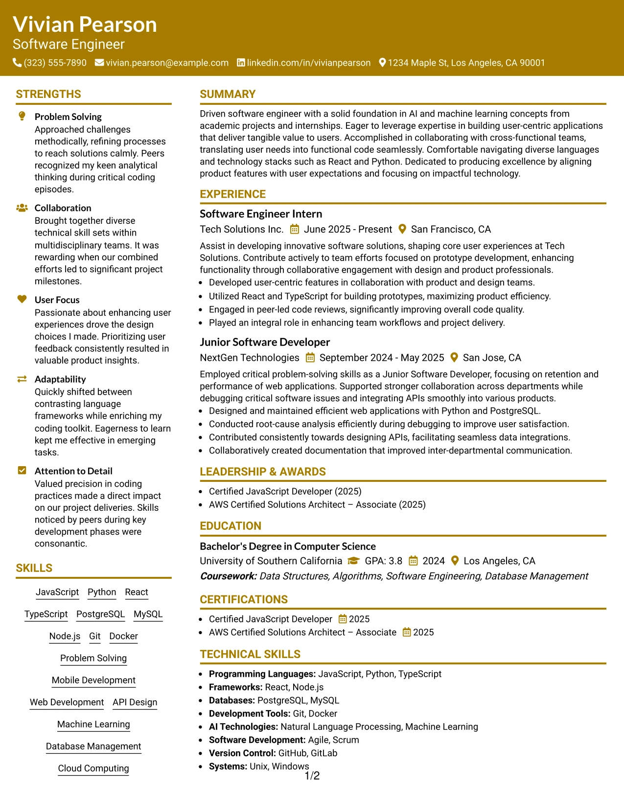 Resume Example Page 1