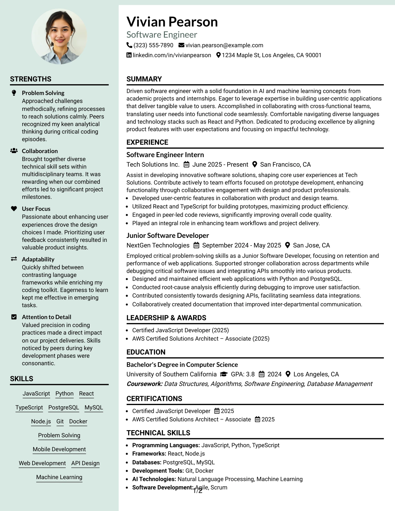 Resume Example Page 1