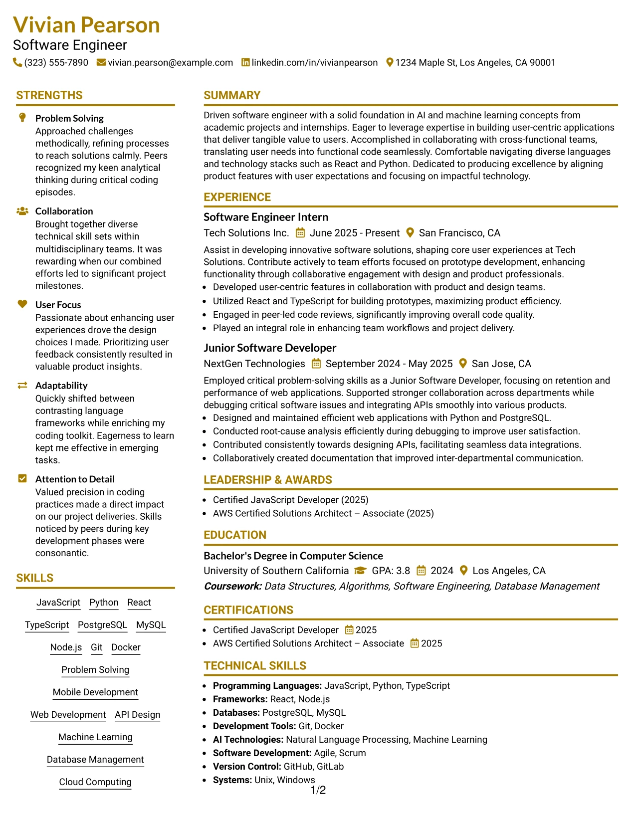 Resume Example Page 1