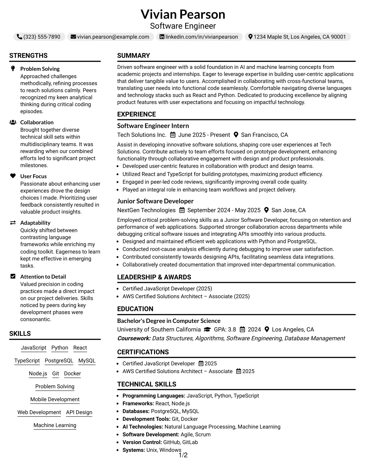 Resume Example Page 1