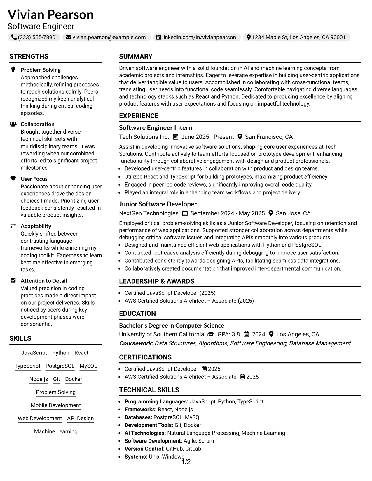 Resume Example Page 1
