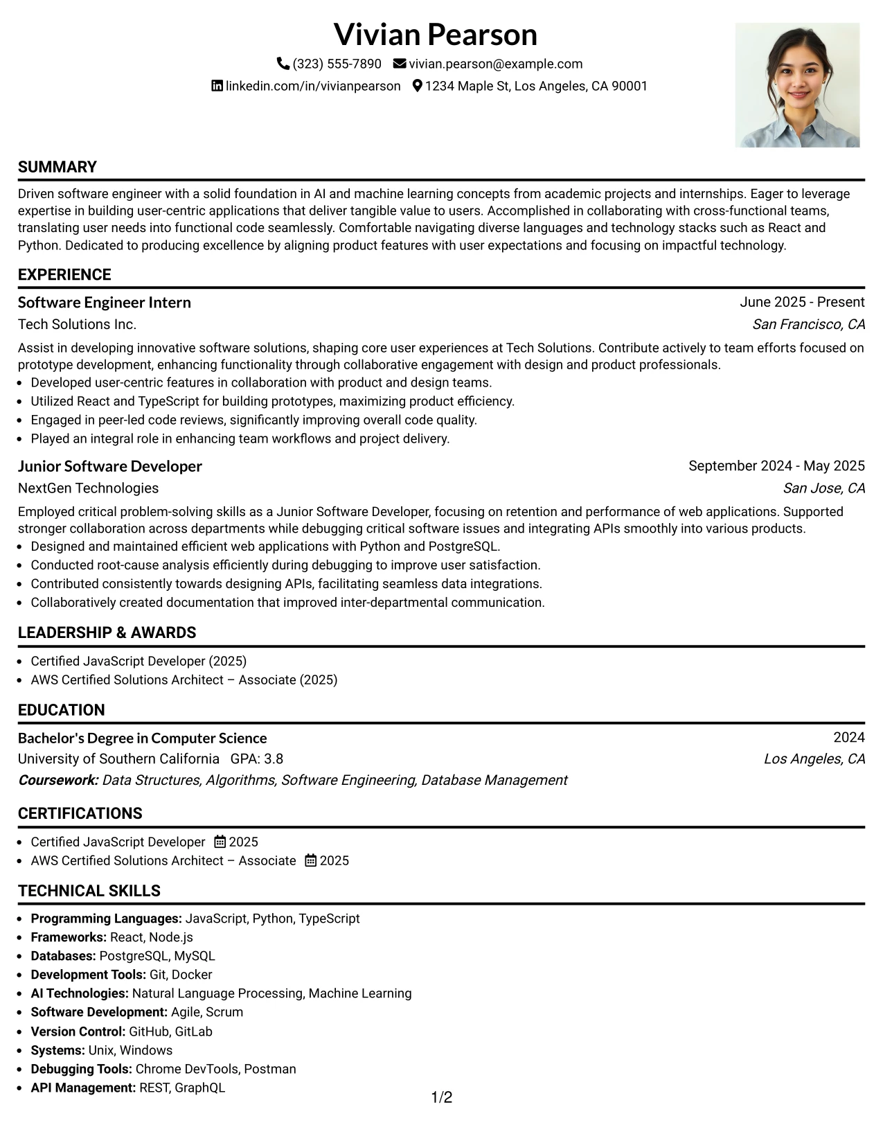 Resume Example Page 1