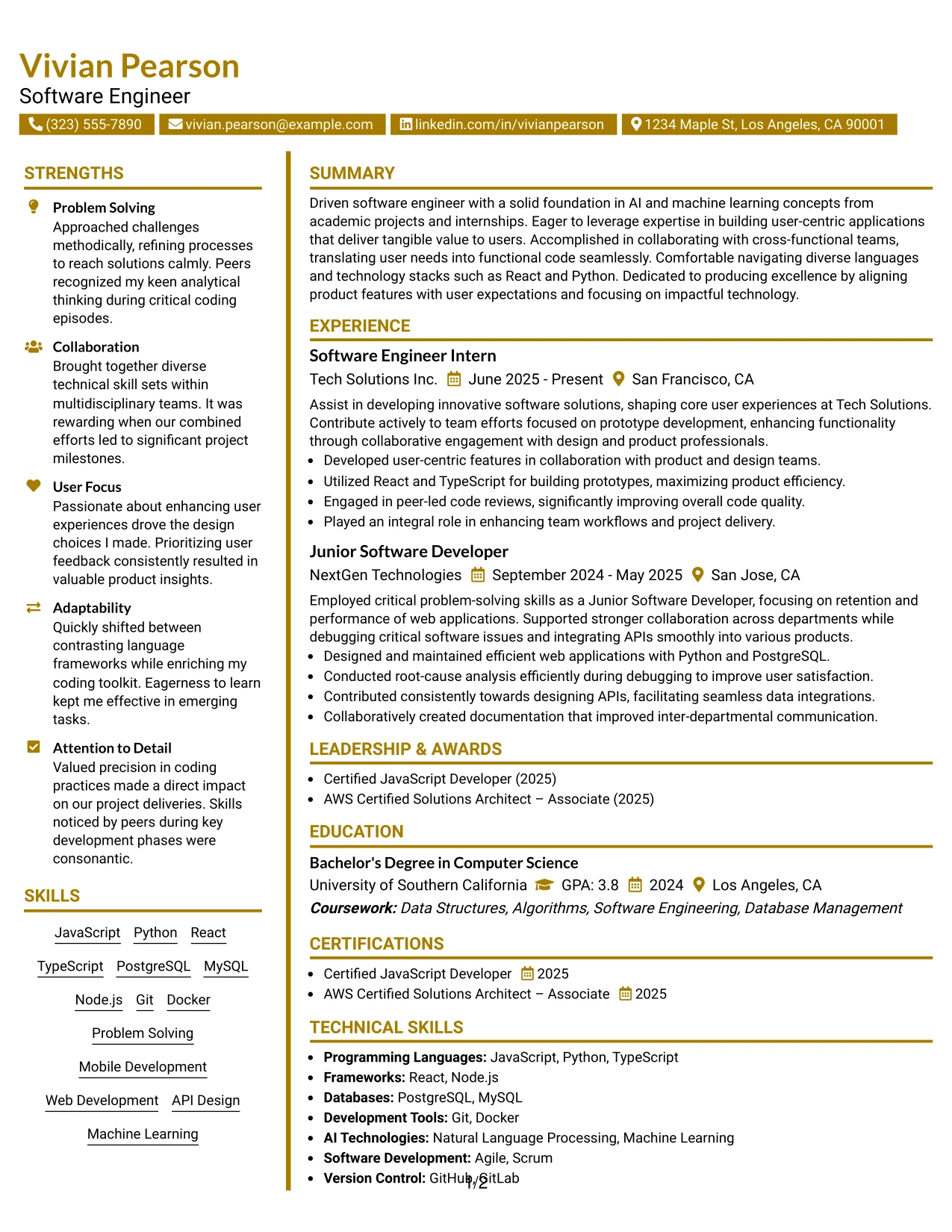 Resume Example Page 1
