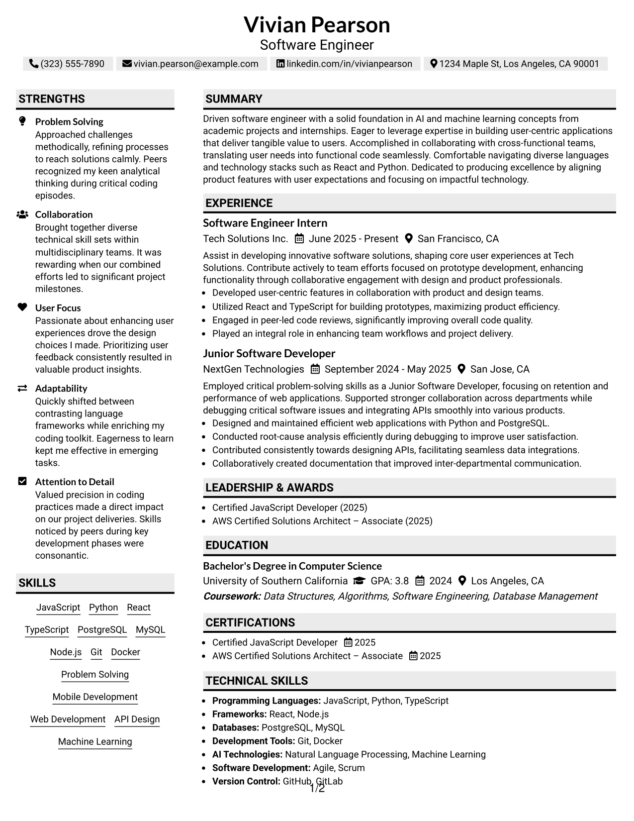Resume Example Page 1