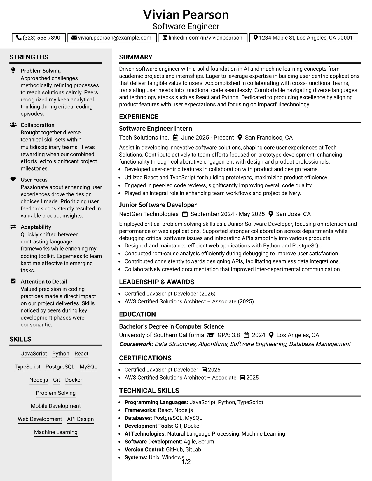 Resume Example Page 1