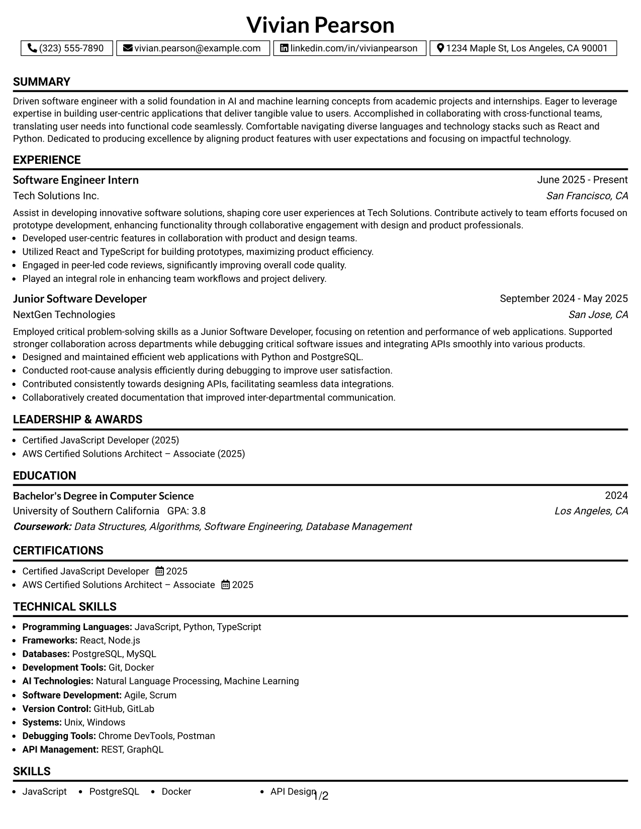 Resume Example Page 1