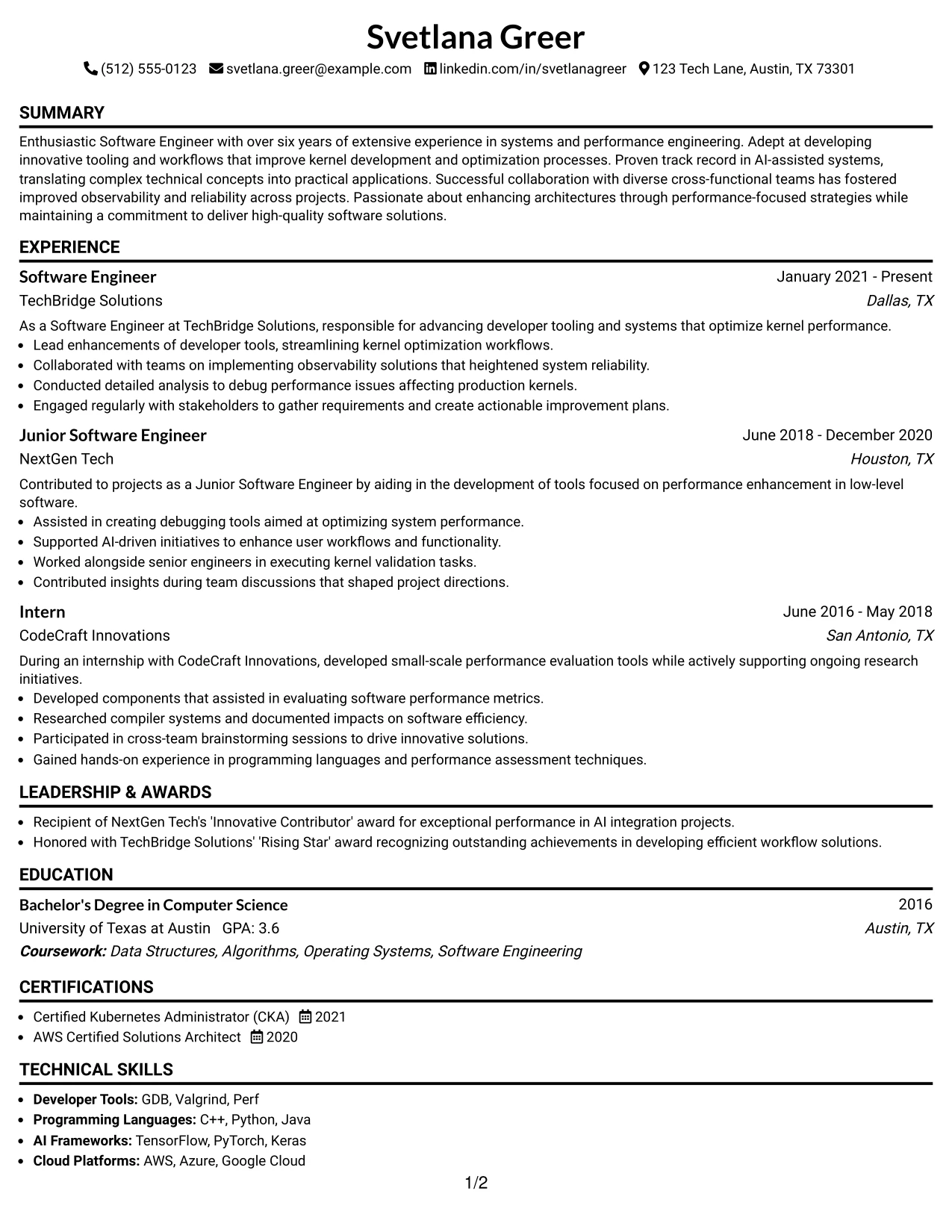 Resume Example Page 1