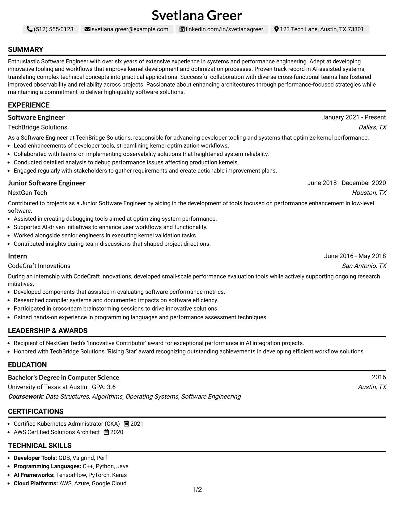 Resume Example Page 1