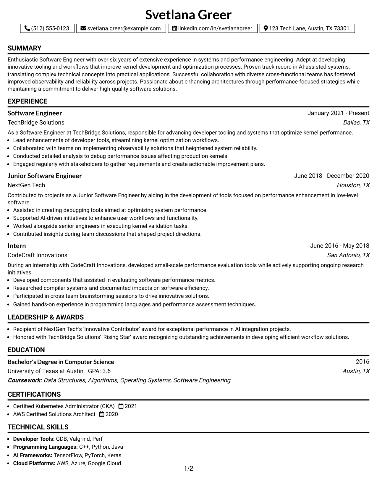 Resume Example Page 1