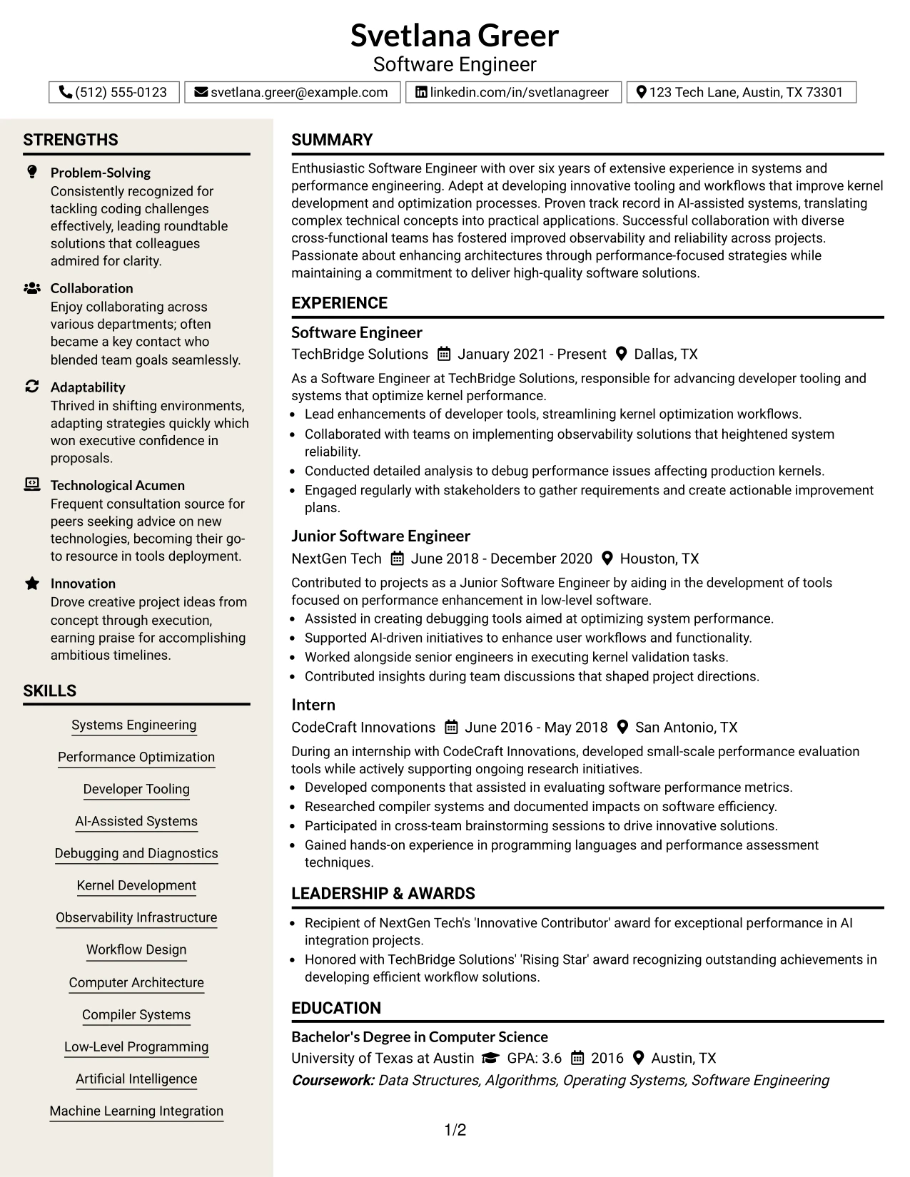 Resume Example Page 1