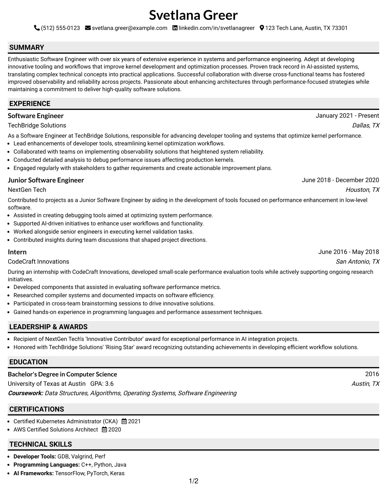 Resume Example Page 1