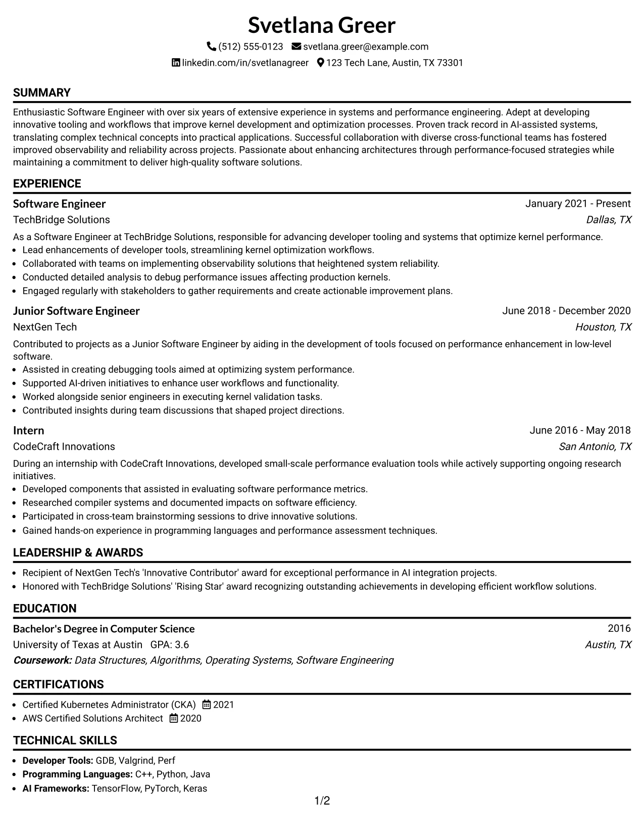 Resume Example Page 1