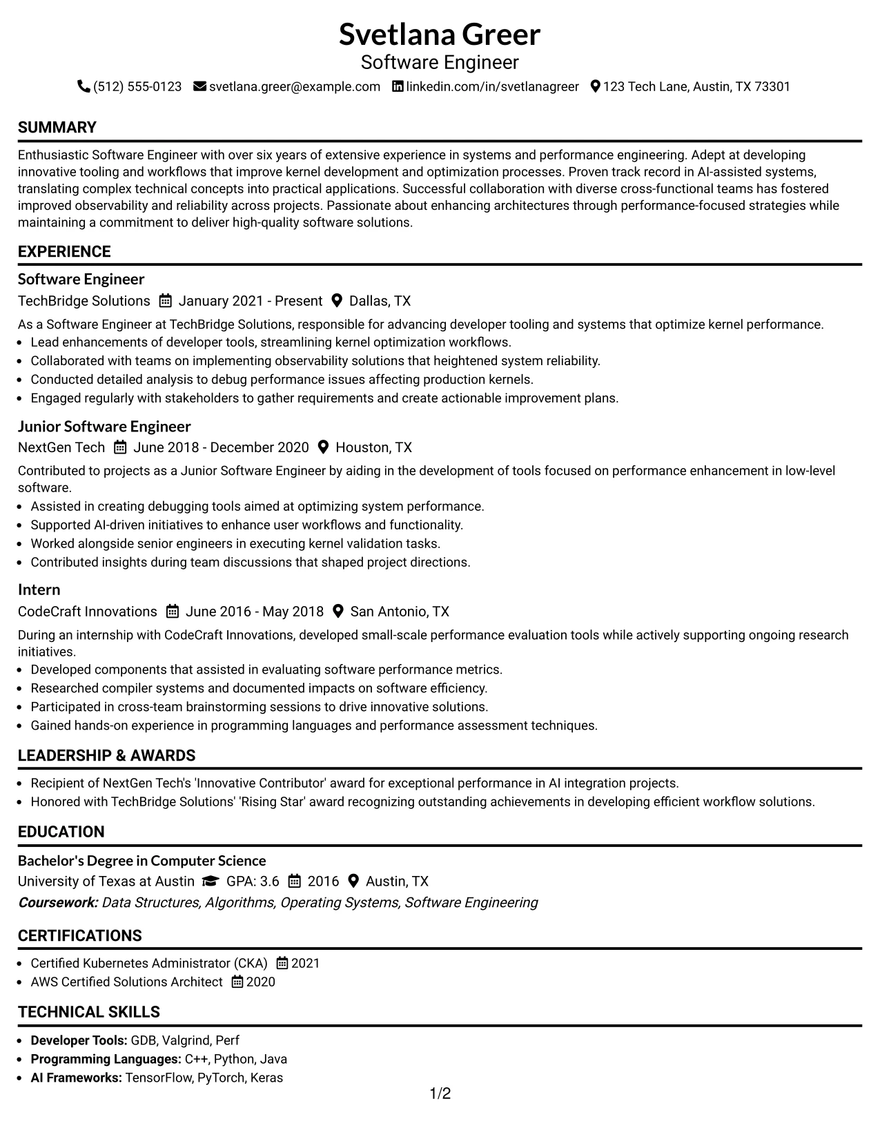Resume Example Page 1