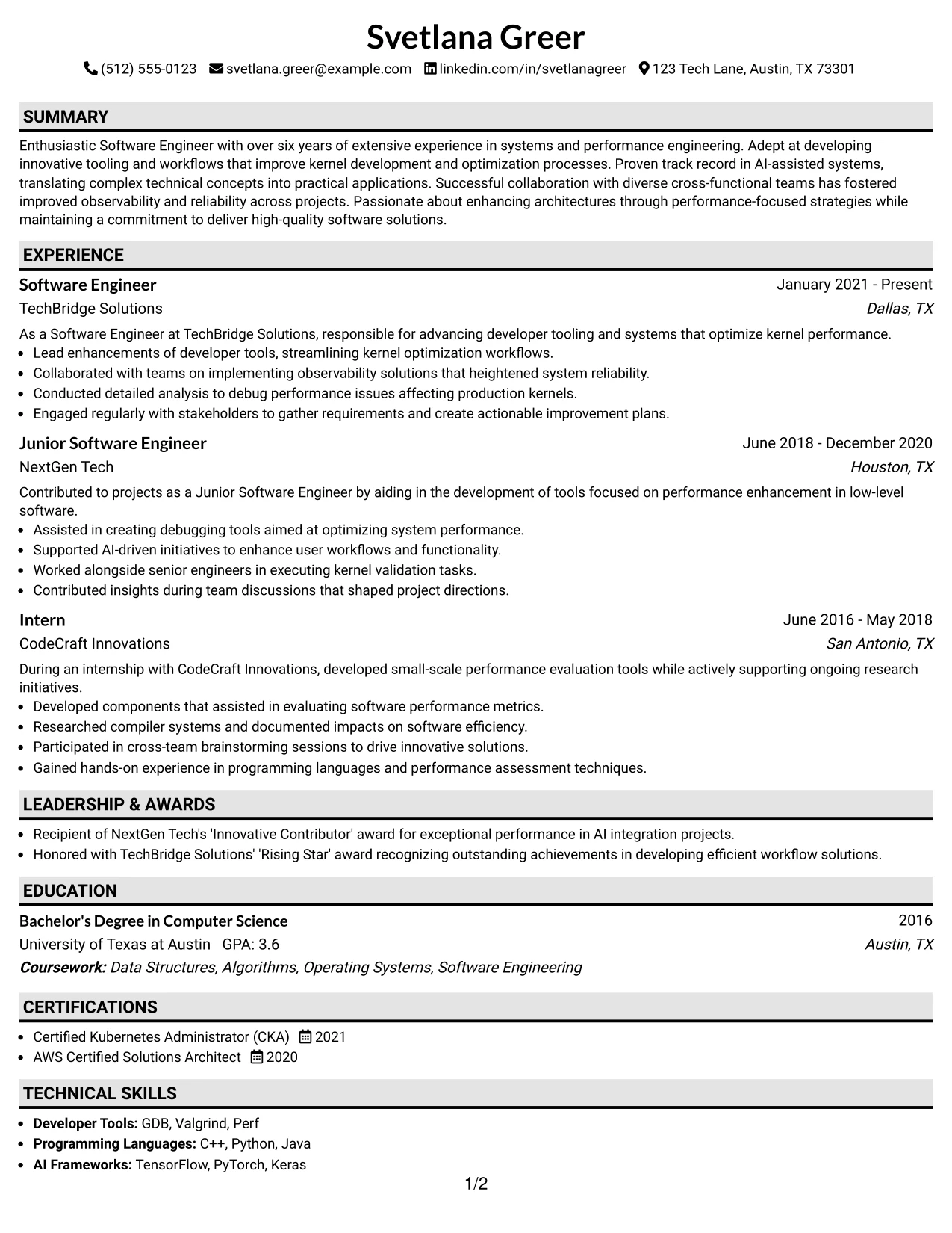 Resume Example Page 1